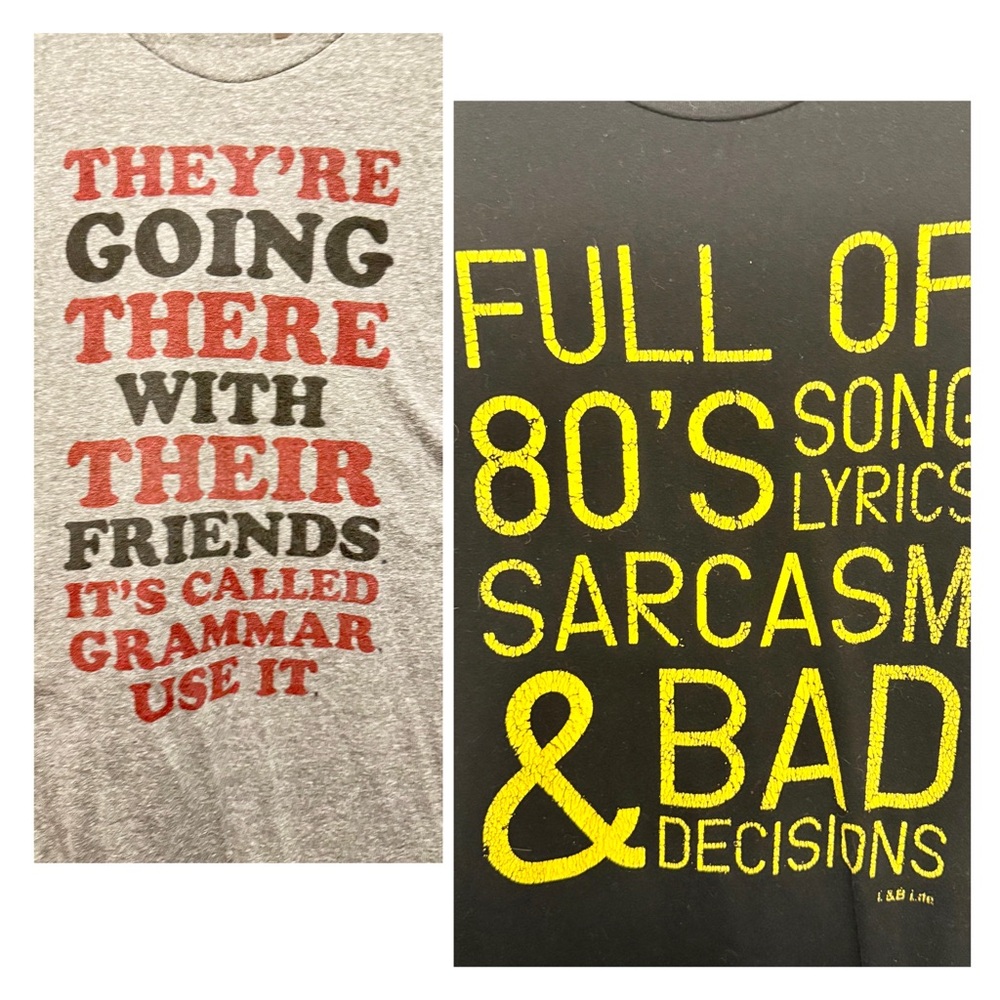 2 T-Shirt lot 80's Song Lyrics & Sarcasm There Their They’re funny grammar XL